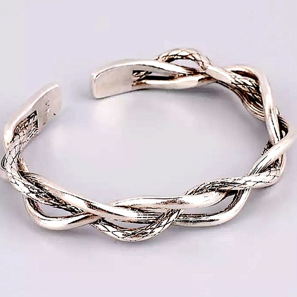 Braided Sterling Silver Bangle Cuff Bracelet - Picture 7 of 16